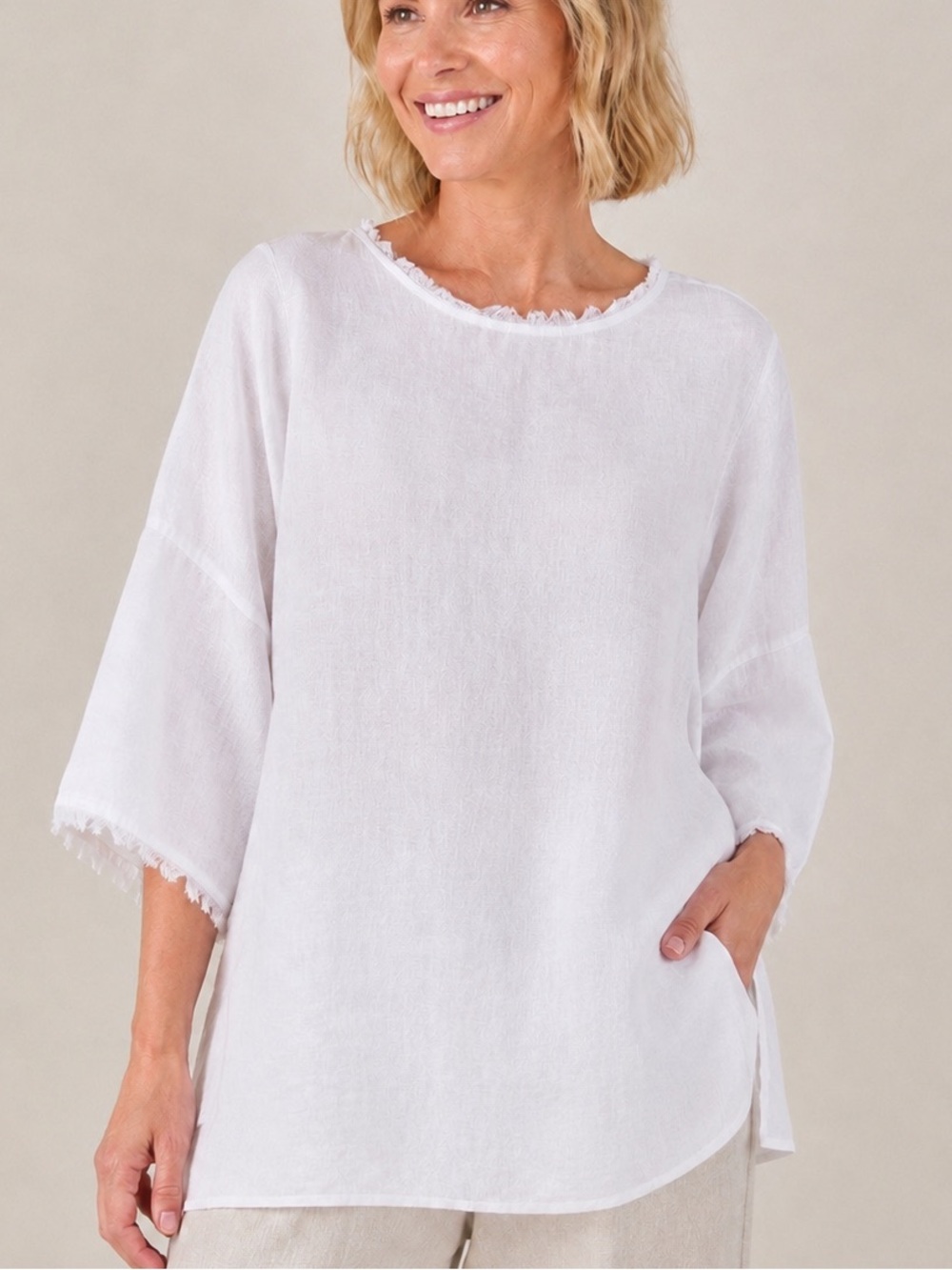 J Jill Love Linen Boho White 100% Linen Frayed Trim Tunic Top Large Lagenlook